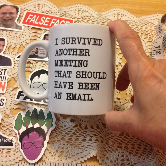 Humorous office-themed coffee cup and stickers - Picture 2 of 6